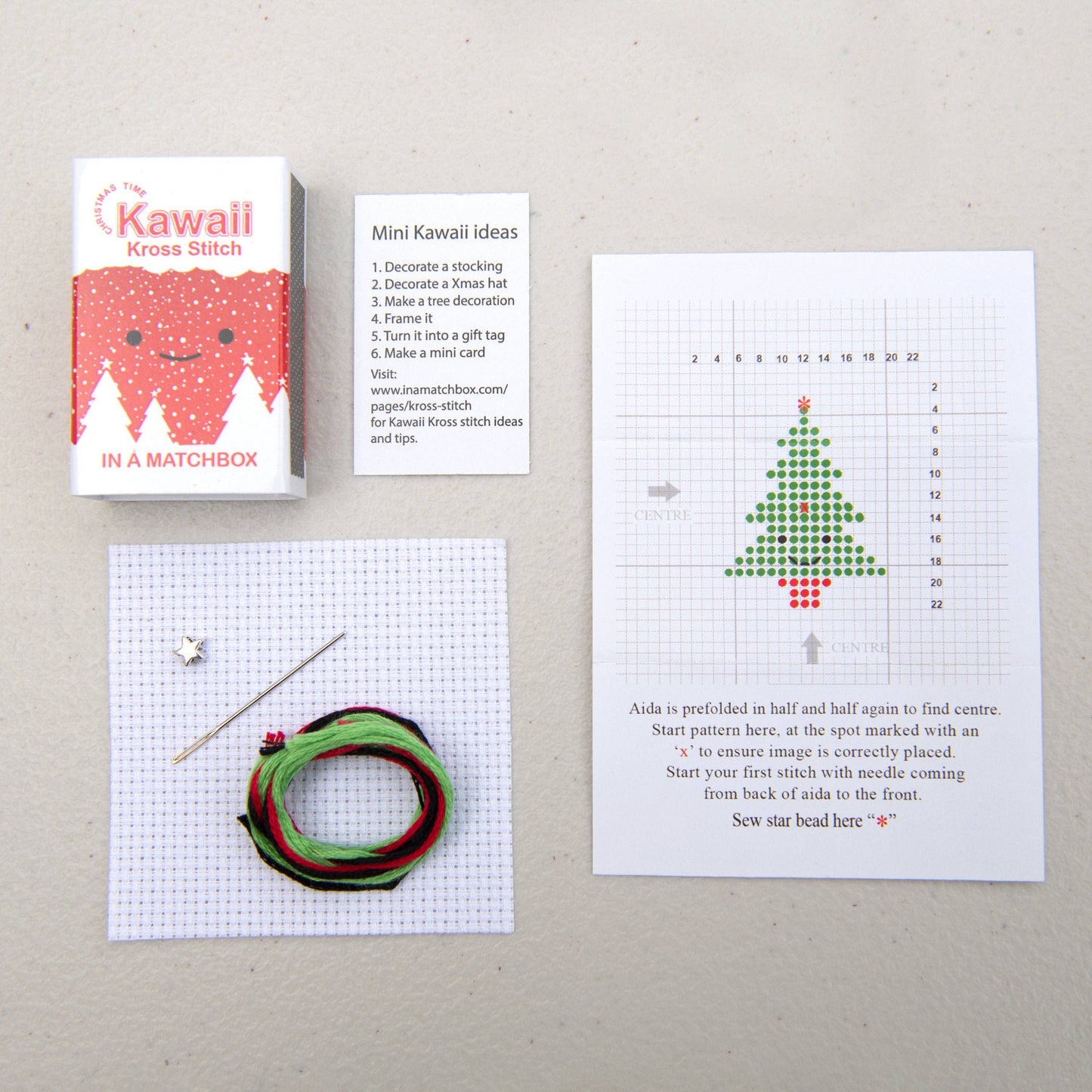 Kawaii Style Christmas Tree Cross Stitch Kit in a Matchbox Gift