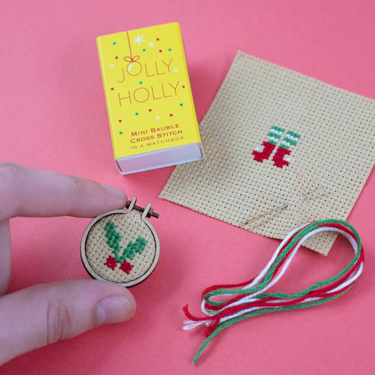 Make your Own Christmas Bauble - Holly Jolly Cross Stitch Kit in a Matchbox Gift