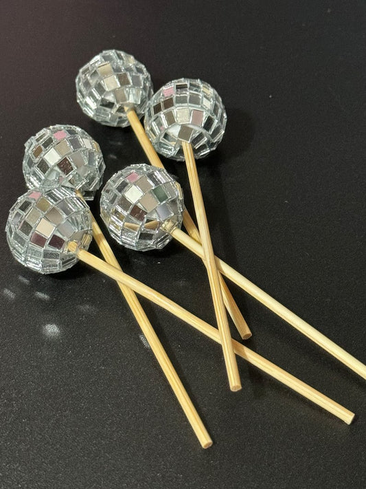 Silver Disco Ball Cake Toppers - Set of 10