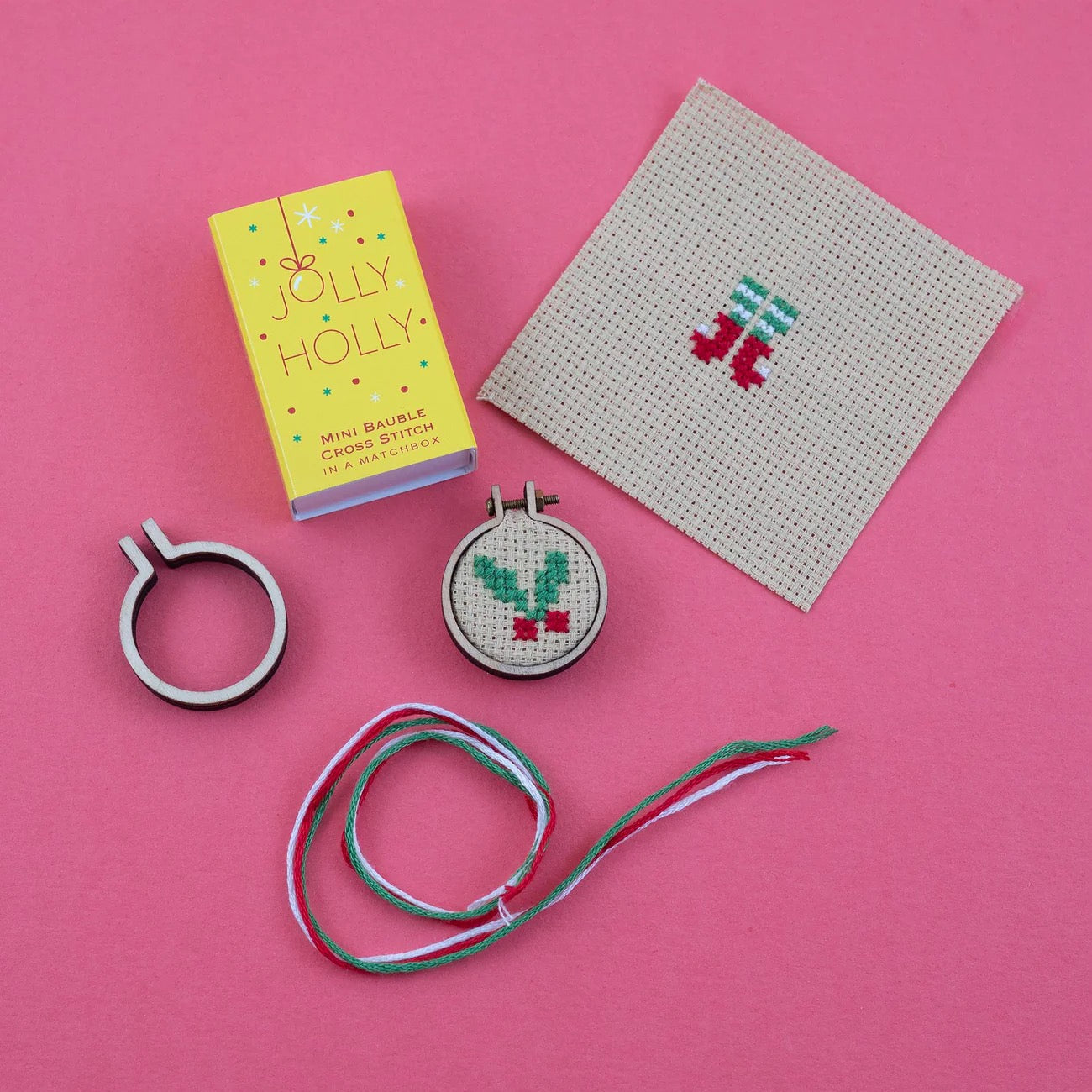 Make your Own Christmas Bauble - Holly Jolly Cross Stitch Kit in a Matchbox Gift