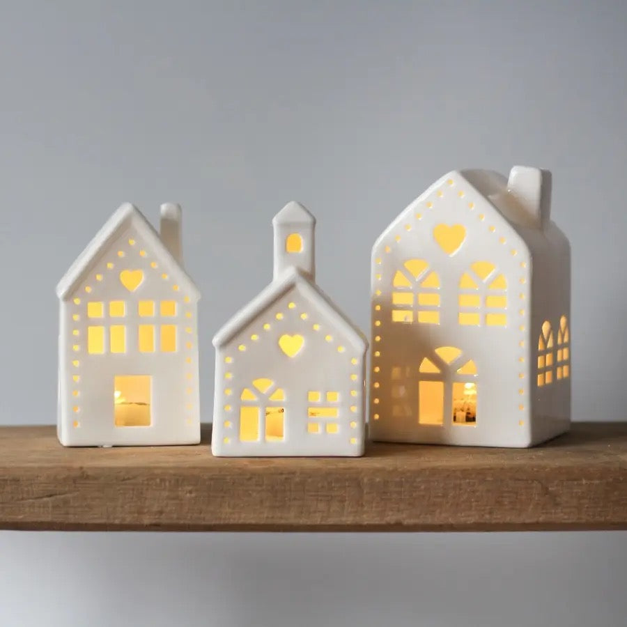 White Ceramic Light Up House with a Heart , 11cm