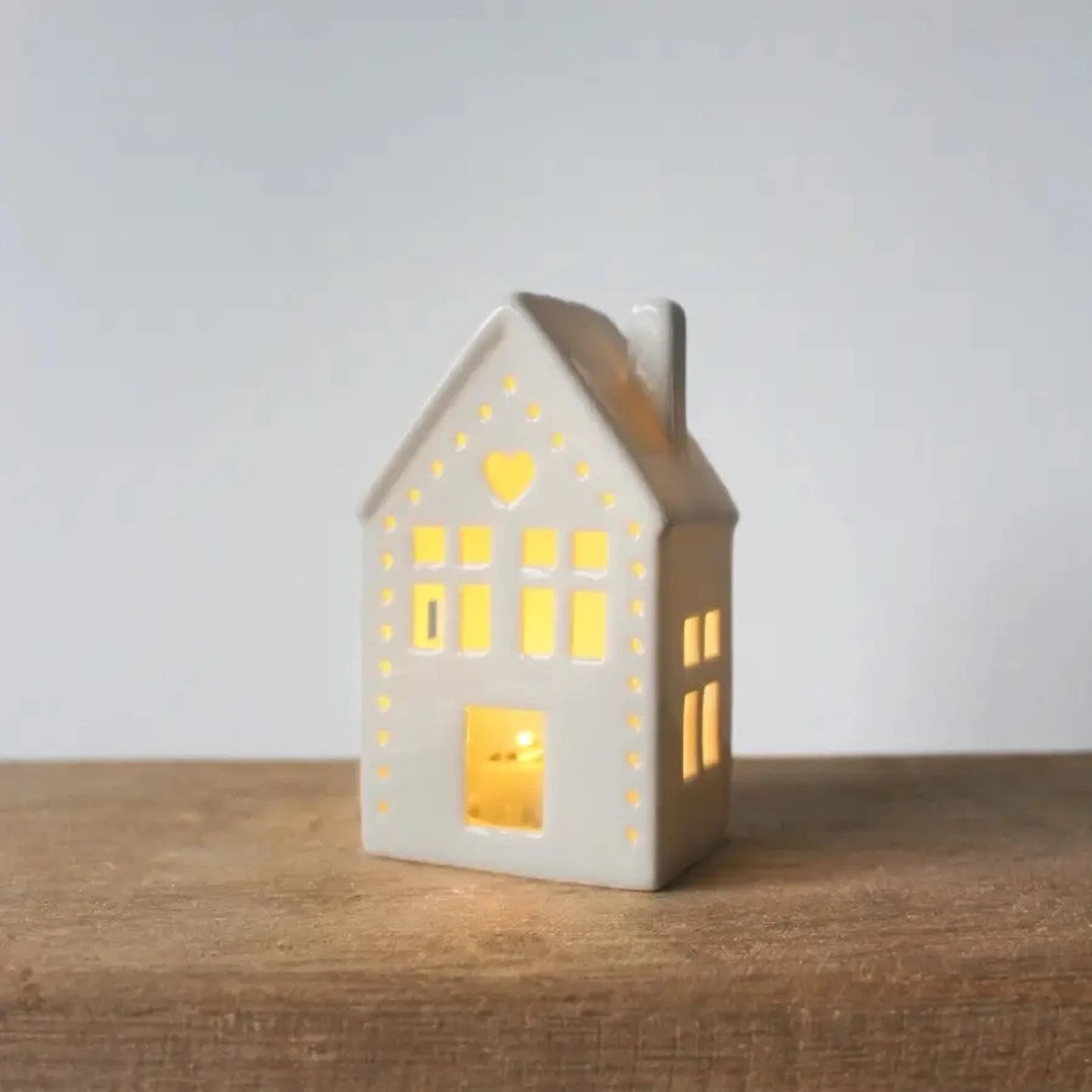 White Ceramic Light Up House with a Heart , 11cm