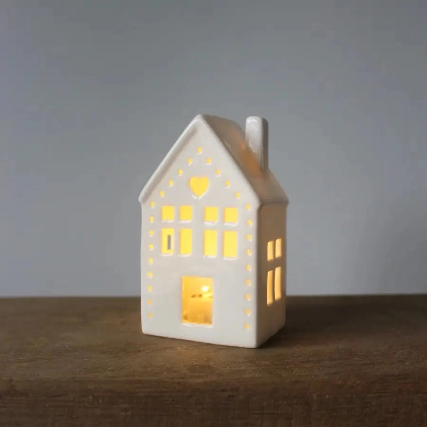 White Ceramic Light Up House with a Heart , 11cm