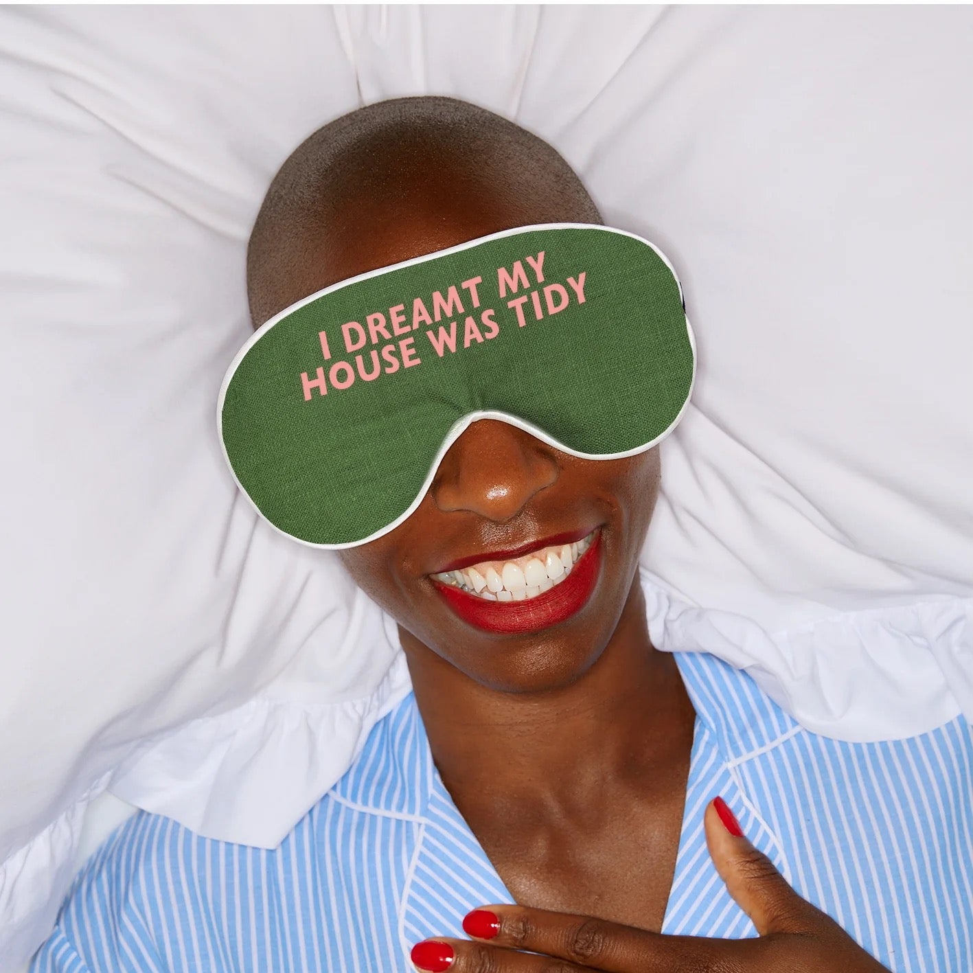 Catherine Colebrook Green Linen Slogan Eye Mask with NEON PINK Text