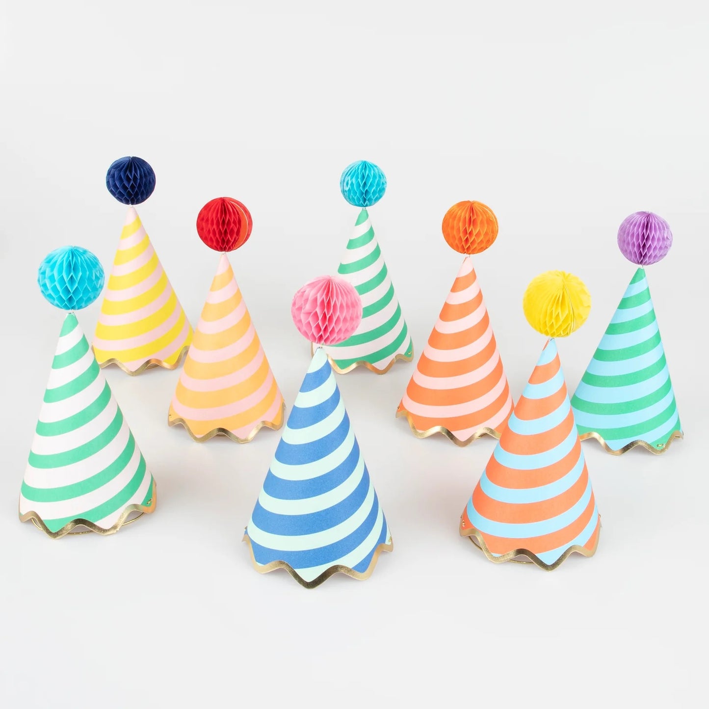 Meri Meri Little Stripe Party Hats with Pom Poms on top