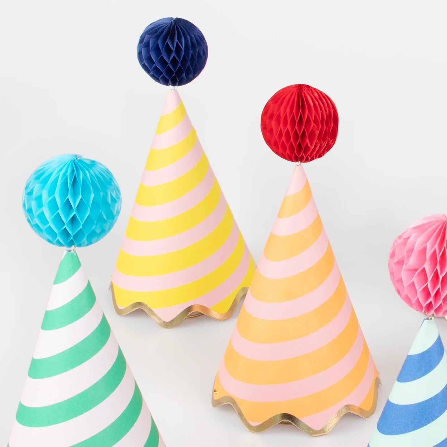 Meri Meri Little Stripe Party Hats with Pom Poms on top